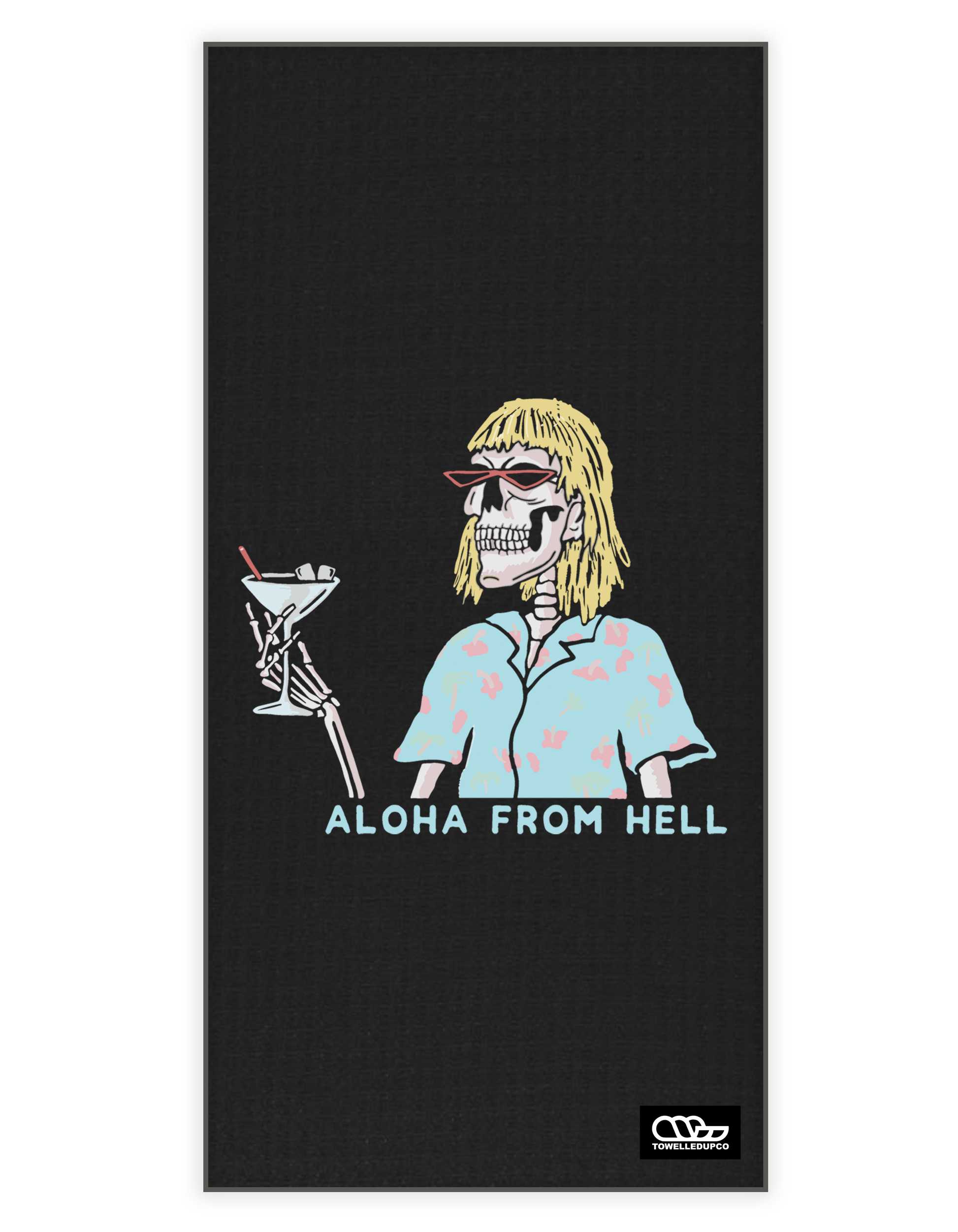 Skelton holding a martini in a shirt on a beach towel